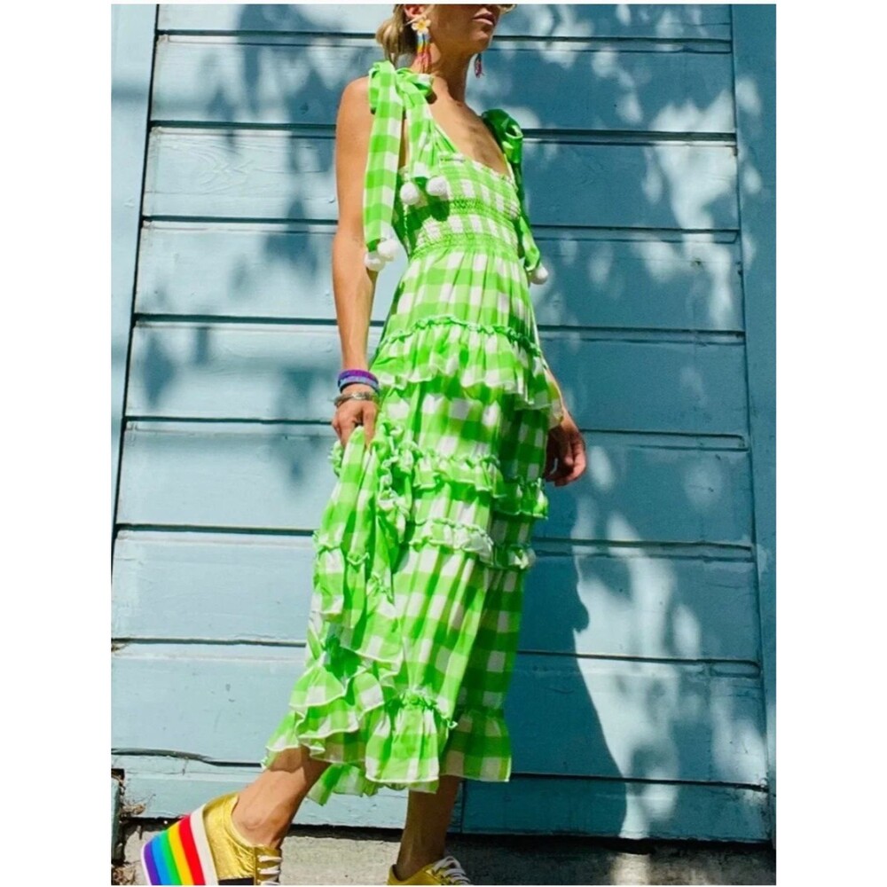 Green Buffalo Check (Gingham) Maxi Dress with Pink Pom Poms - Size XS/S
